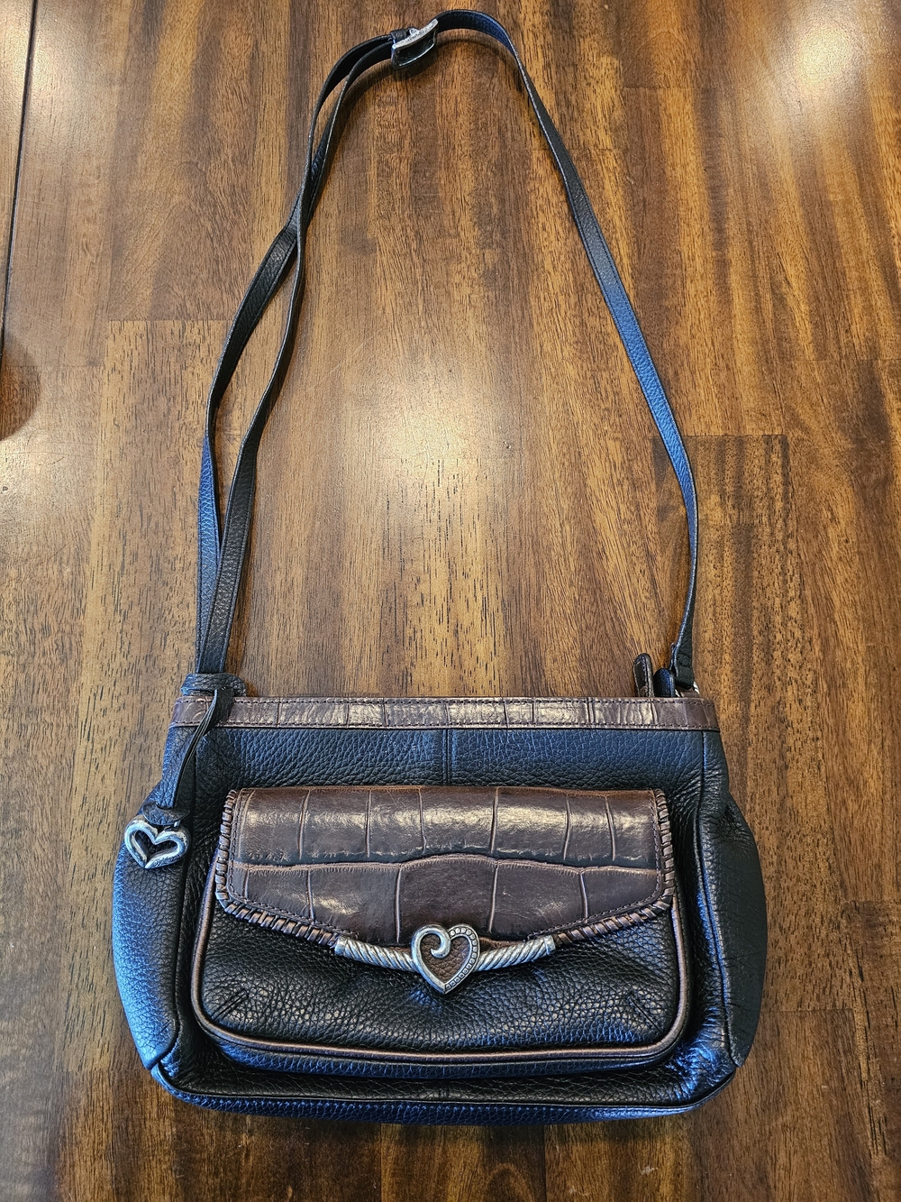 Brighton Convertible Crossbody/Wristlet Purse Black Brown Leather Croc Embossed
